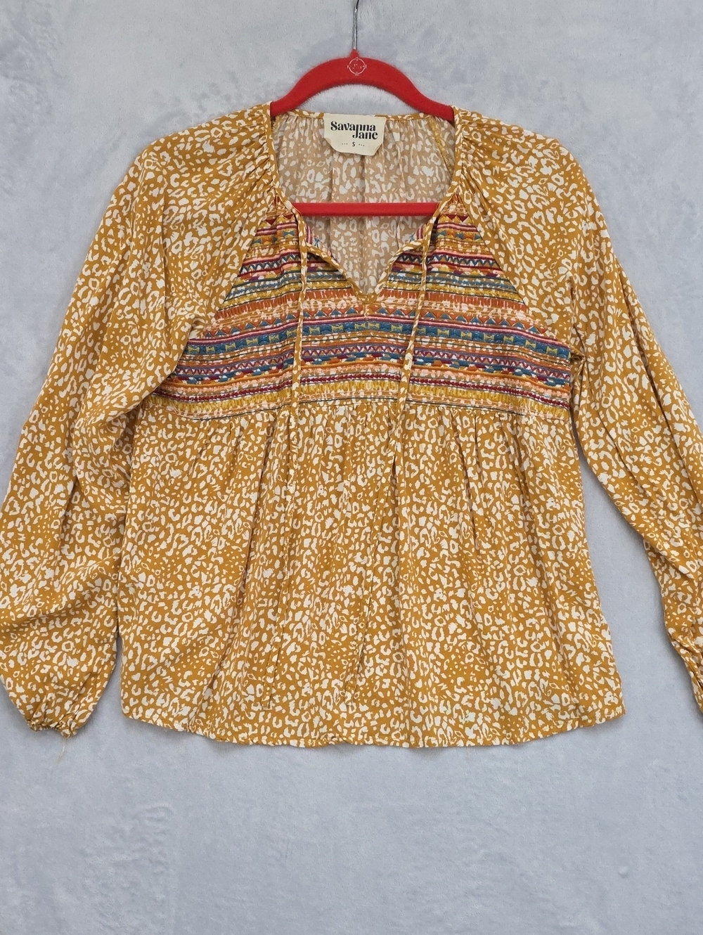 Savanna Jane Mustard Printed Peasant Tunic with Multicolor Embroidered Yoke